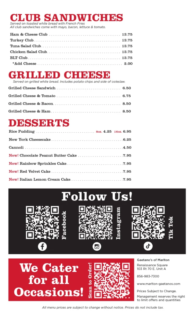 Gaetanos Marlton Club Sandwiches